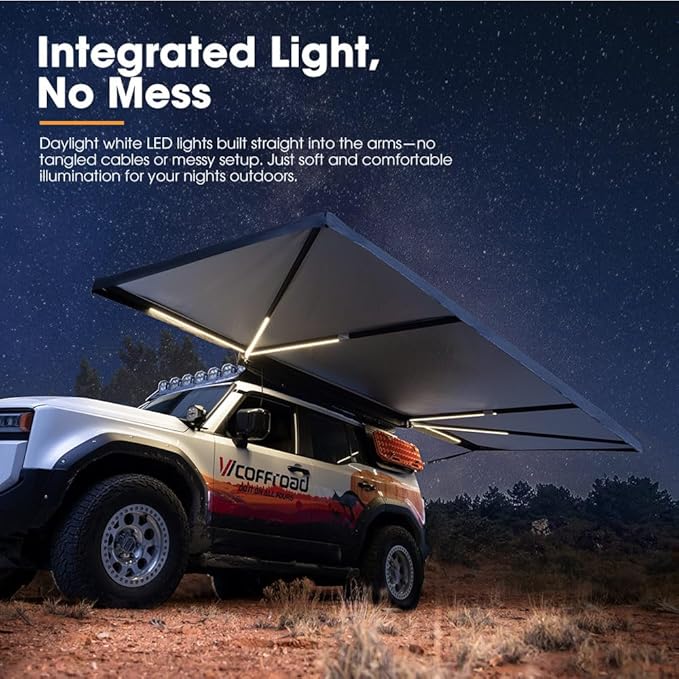 SanHima 180 Awning Free Standing Built-in LED Light - 118.4 sq.ft Shelter Karlu Frontier Car Side Waterproof UV50+ Wind Resistant Driver Passenger Side 180 Degree Vehicle Awning for SUV Van Truck