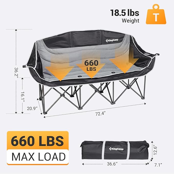 KingCamp 3 Person Camping Chair Oversized 660lbs Heavy Duty Loveseat for Adults Portable Folding XL 2 Person Couch Padded Comfortable Three Seat with Cup Holder for Outdoor Lawn Backyard Black/Grey