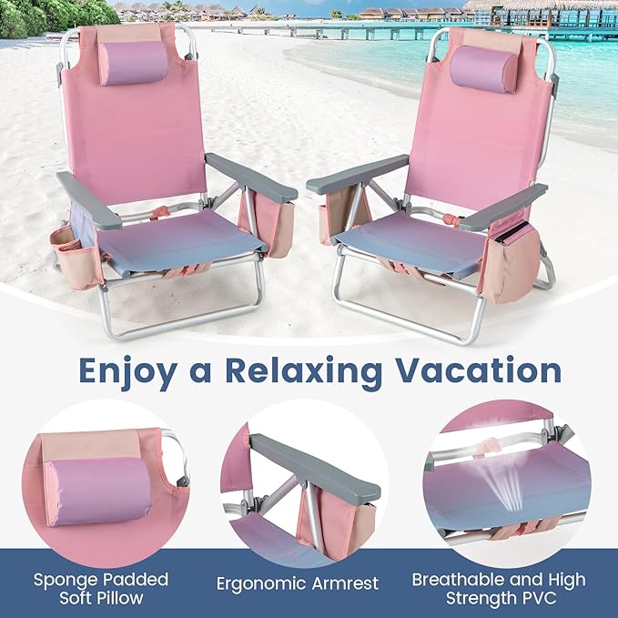 Backpack Beach Chair 5 Position Adjustable Camping Chairs with Head Pillow Cooler Bag Towel Bar Cup Holders Portable 2-Pack Folding Beach Chairs for Adults (Without Table Gradient Pink)