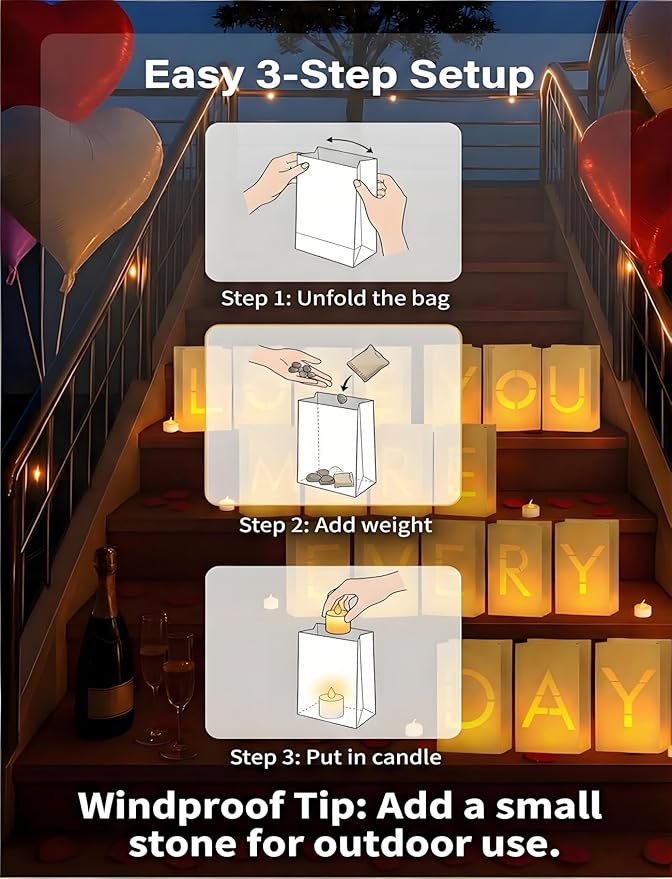 AceList Romantic Anniversary Decorations Set - Love You More Every Day 19 Pcs Luminary Bags with 40 LED Tea Lights 2000 Rose Petals &amp 6 Heart Balloons - Light Up Letters Kit for Proposal