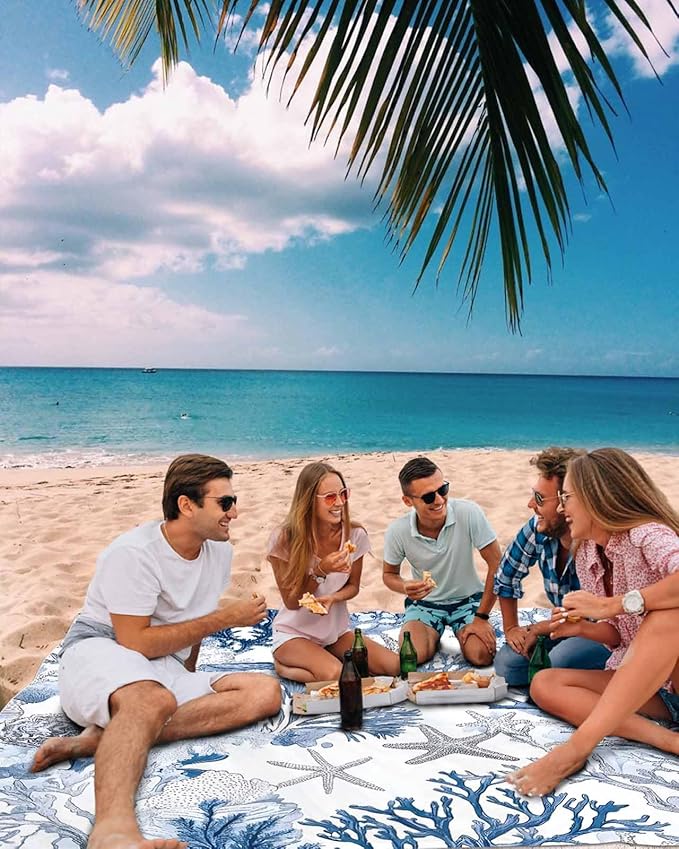 Water Blue Coral Beach Blanket Waterproof Sandproof Summer Marine Life Shell Starfish Beach Mat Quick Drying Outdoor Picnic Mat 118 x 108 for 1-8 Adults Essentials for Travel Camping Hiking