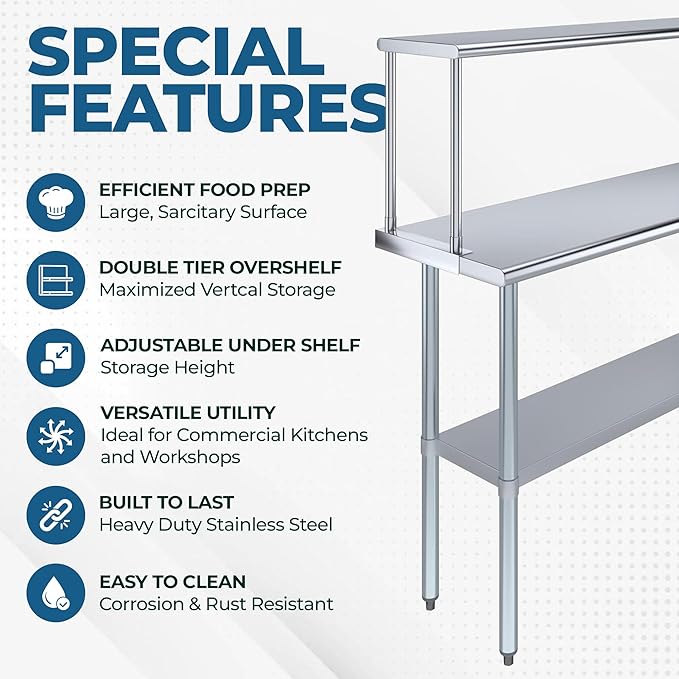 Stainless Steel Work Table with Wide Single Tier Overshelf | Metal Kitchen Prep Table &amp Shelving Combo (30 x 72 Work Table + 12 Overshelf)