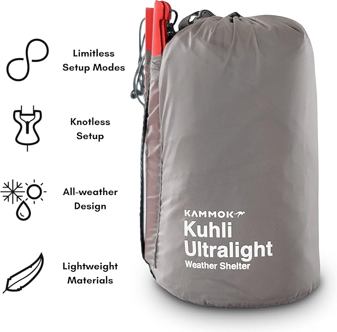 KAMMOK Kuhli Ultralight | Versatile Weather Shelter (Waterproof Durable Portable Camping Tarp Hammock Tarp Rain Cover) Crater Gray