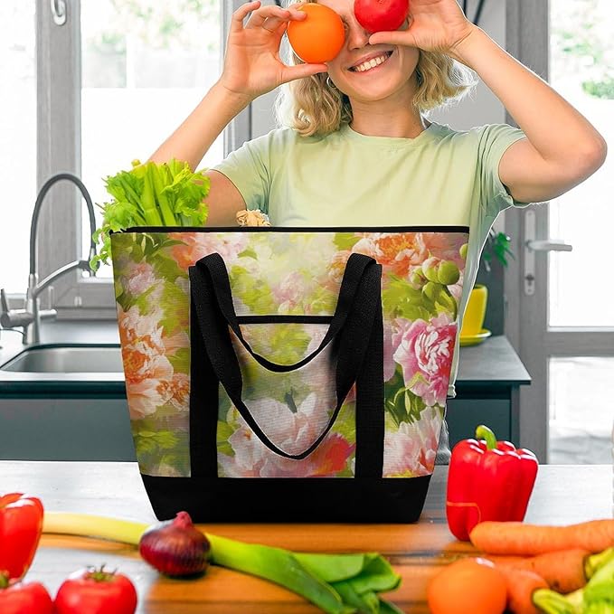 Insulated Shopping BagLarge Reusable Cooler Bags Bright Peonies Printed Foldable Shopping BagTravel Waterproof Shoulder Bag