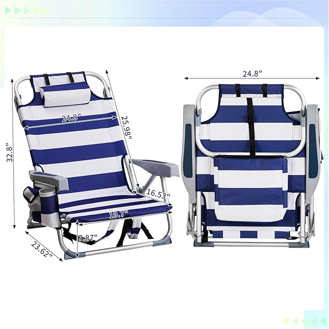 Portable Lightweight Folding Chair for AdultsOutdoor Low Beach Lawn ChairsPortable Backpack Foldable Camping ChairFolding Beach Chairwith Cup Holderfor Patio Pool Yard Garden (Blue Stripes)