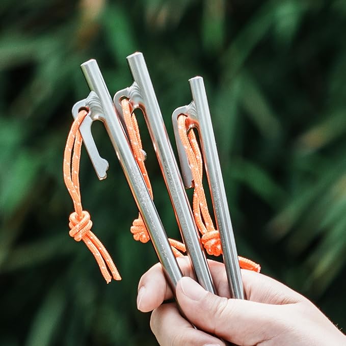 iBasingo 6-Pack Titanium Tent Stakes 20/24/30/35/40cm with Reflective Ropes Ultralight Backpacking Stakes for Camping Hiking Picnic Corrosion-Resistant &amp Durable Ground Pegs Ti4012P
