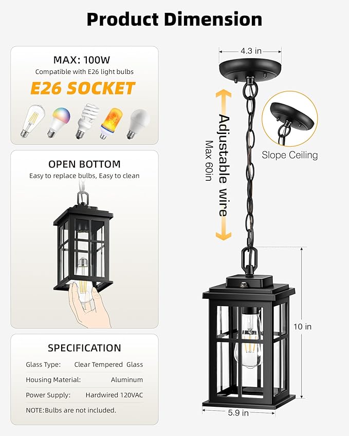 Black Dusk to Dawn Outdoor Pendant Light Modern Hanging Light Fixture with Tempered Glass Waterproof Exterior Ceiling Lights for Patio Porch House Anti-Rust Aluminum Adjustable Chain
