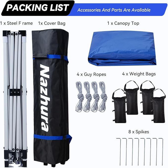 Nazhura 10' x 10' Pop Up Canopy Tent with Sand Weight Bag Freestanding Sun Shelter for Picnic and Camping One Person Setup and Height Adjustable (Blue)