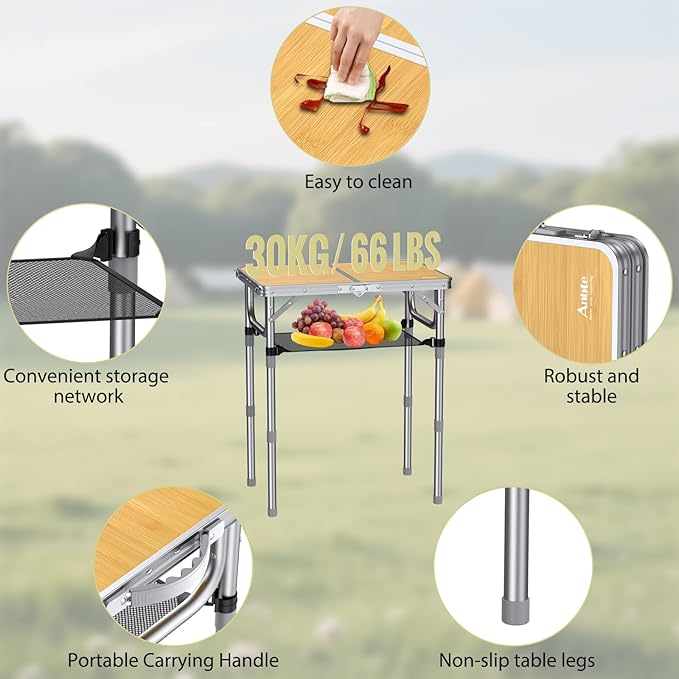 Anbte 2ft Camping Table Foldable 3 Adjustable Heights High 27.5 Aluminum Small Folding Table with Carrying Handle Portable for Outdoor Indoor Picnic Beach BBQ Travel 24 x 16 Light Oak Grain
