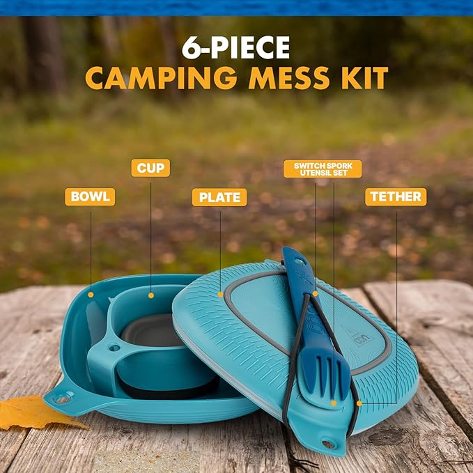 UCO 6-Piece Camping Mess Kit with Bowl Plate Collapsible Cup and Switch Camping Spork