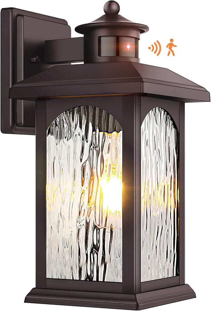 Brown Motion Sensor Outdoor Wall Sconce - Smart Dusk to Dawn Outdoor Lighting Oil Rubbed Bronze Outdoor Wall Lights &amp Exterior Light Fixtures Porch Lights with Water Rippled Glass for Garage Hou