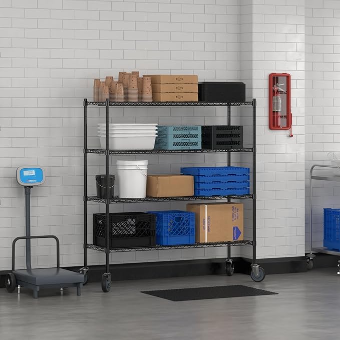 Commercial NSF Listed Black Epoxy Mobile Wire Shelving Kit 18 x 54 x 60 with 4 Shelves Perfect for Warehouse Walk-in Refrigerator Freezer Grocery Store Restaurant Dishroom