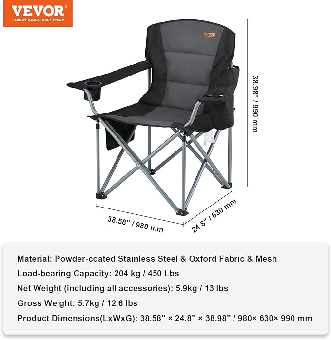 VEVOR Oversized Camping Folding Chair Portable Heavy Duty Outdoor Quad Lumbar Back Padded with Side Pockets Cup Holder and Cooler Bag for Beach Lawn Picnic Fishing Backpacking Black