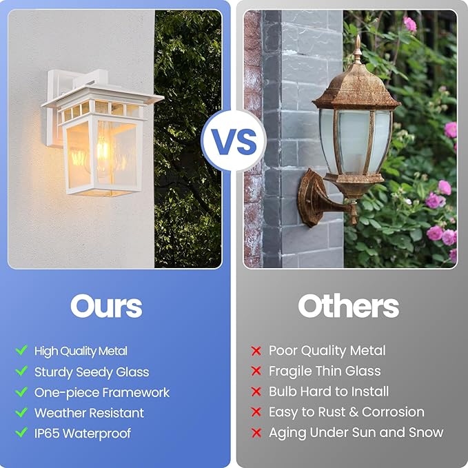 Outdoor Wall Lantern Exterior Lighting Fixtures Wall Mount 2 Pack White Outdoor Sconces with Seeded Glass Exterior Porch/Patio Lights for House Front Door Garage