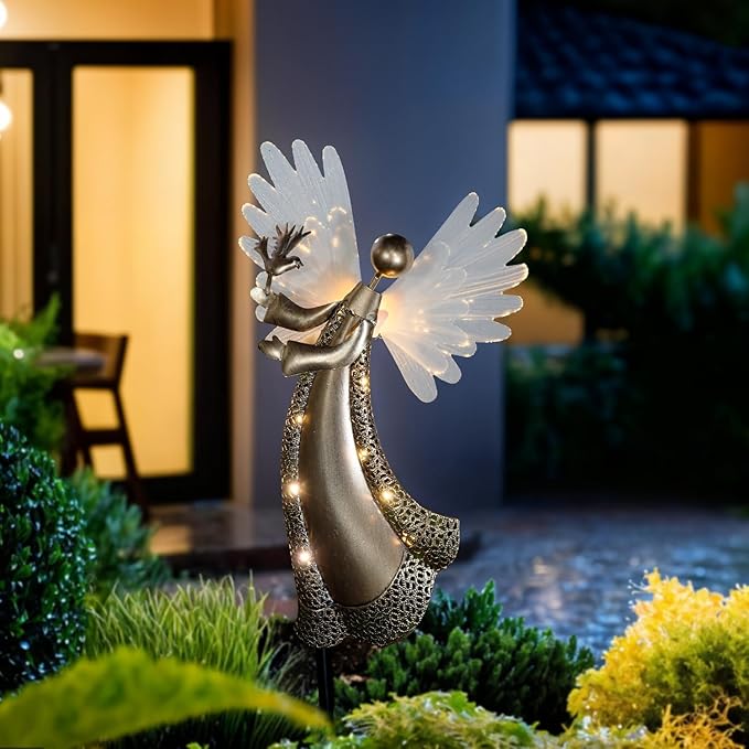 Solar Angel Garden Lights Outdoor LED Metal Decor with Peace Dove Waterproof Pathway Lawn Lighting Unique Gift for Women Mom Friends(Peace Dove)