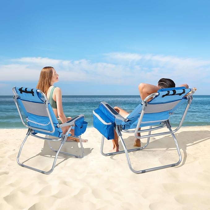 VINGLI 2 Pack Tall Beach Chair 16 with 5-Position Cooler Bag Cup Holders Towel Bar Lightweight Folding Beach Camping Chairs for Adults