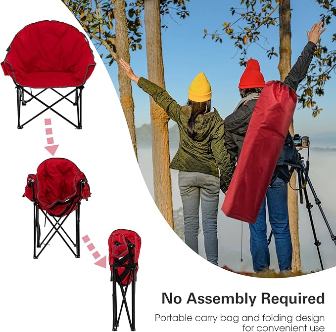 S AFSTAR Oversized Camping Chair Cushion Padded Moon Round Saucer Chair w/Cup Holder &amp Carry Bag Outdoor Leisure Folding Chair Portable Folding Camp Chair for Camping Fishing Supports 300lbs (