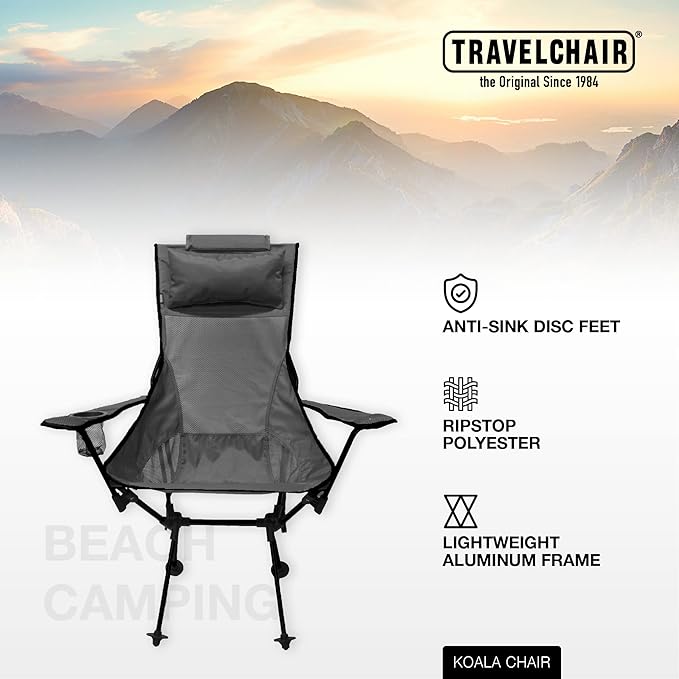 TravelChair Koala Chair- Lightweight Portable High Back Vented Mesh Seat Easily Assembled for Comfort on The Go (Black)