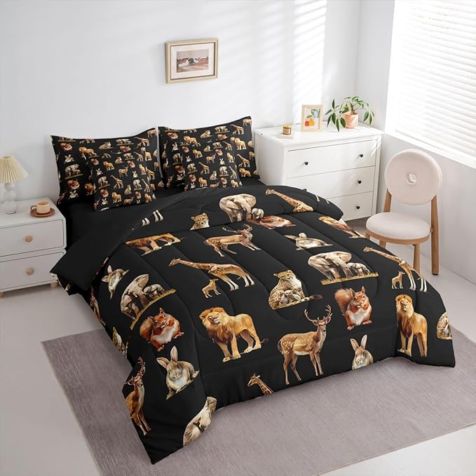 jejeloiu Zoo Animal 7 Piece Bedding Set for Girls Boys Kids Twin Size Cute Giraffe Bed in a Bag Room Decor Cartoon Animal Comforter Set with SheetsPillowcases &amp Cushion Cover Black Brown Microfib