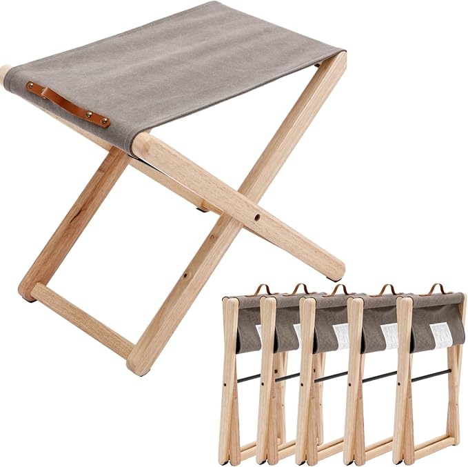 Folding Canvas Camp Stools Set of 6 Wood Folding Camping Stool Patio Portable Foot Stool for Garden Outdoor Fishing Picnic Travel BBQ Grey