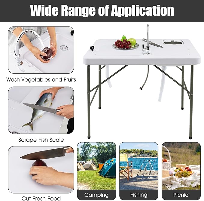 Giantex Fish Cleaning Table w/ 2 Sinks Faucet Hose Hook Up Portable Folding Camping Table w/Measure Mark Outdoor Fillet Cleaning Station for Fishing Beach Picnic (with Water Hose Holder)