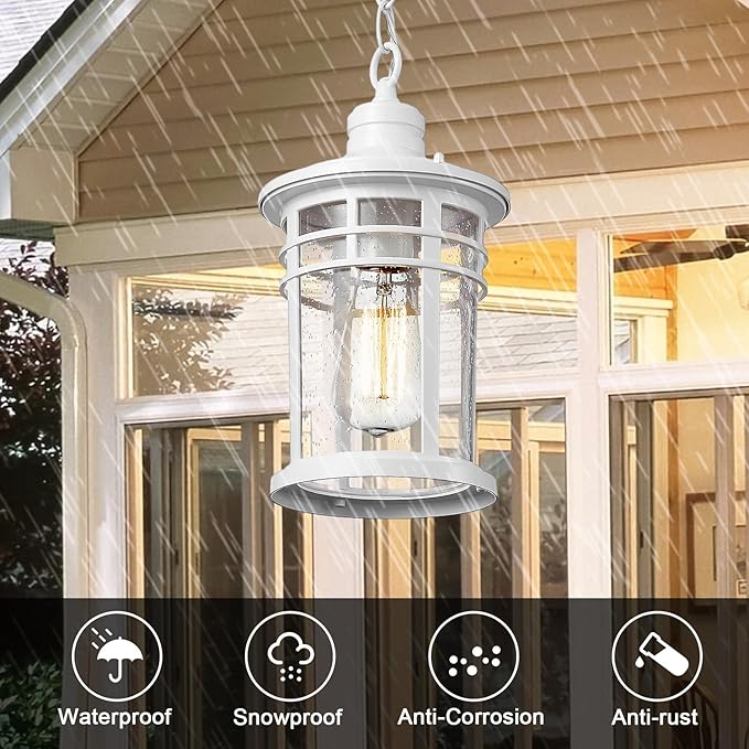 Darkaway Outdoor Pendant Lights for Porch Outdoor Chandelier Hanging Porch Lights Ceiling Mount Aluminum with Seeded Glass for Front Porch Gazebo Patio (Medium White)