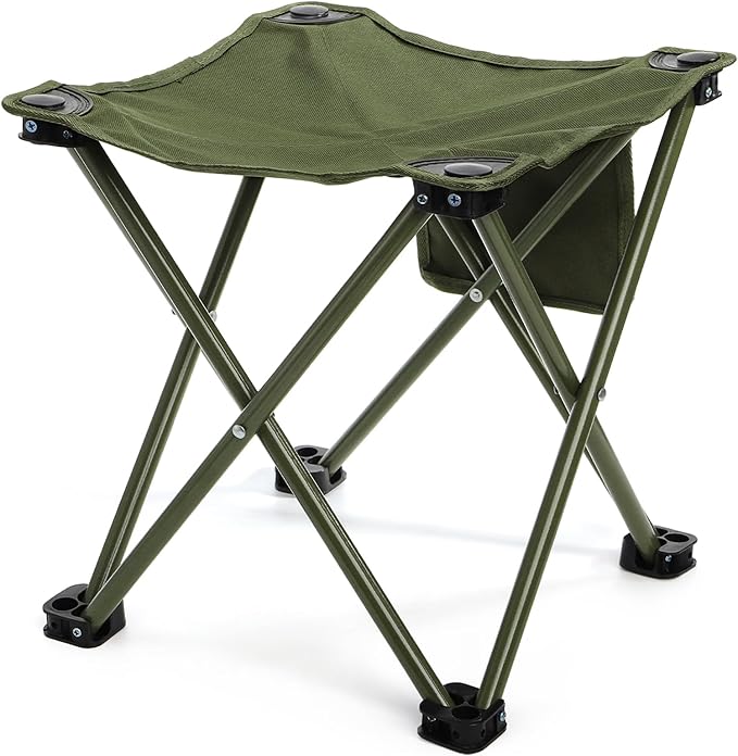 2 Pack Camping Stool Compact Camping Chair Portable 13 Inch Lightweight Folding Stool Seat with Side Pocket and Carry Bag for Outdoor Hiking Fishing Picnic Beach and Lawn Party Green