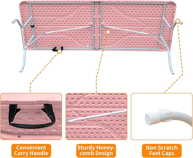 8 FT Folding Table with Carry Handle Portable Fold-in-Half Plastic Table Rectangle Foldable Table for Indoor/Outdoor Pink