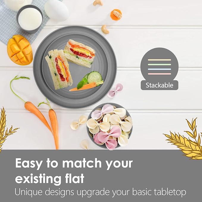 Teivio 32-Piece Kitchen Plastic Wheat Straw Dinnerware Set Service for 8 Dinner Plates Dessert Plate Cereal Bowls Cups Unbreakable Colorful Plastic Outdoor Camping Dishes Grey