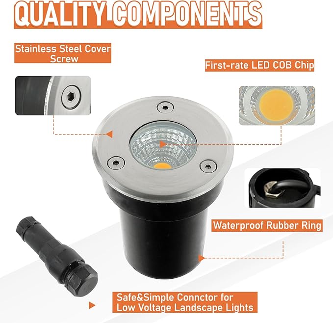 6 Pack Low Voltage Landscape Lights Well Lights 12-24V IP67 Waterproof In Ground Light and Outdoor Landscape Lighting for Garden Yard Driveway Deck Step Up Light with Connectors(Warm White)