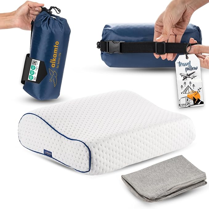 alkamto Travel &amp Camping Comfortable Memory Foam Pillow – Easy to Carry Portable Bag – Temperature Regulating Pillow Case (White Contour + Extra Cover)