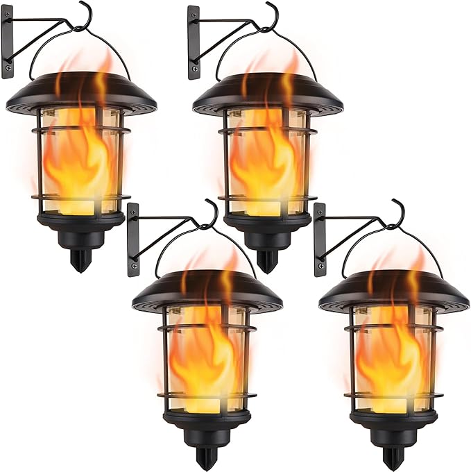 Dynaming 4 Pack Solar Flame Wall Lanterns Outdoor Solar Powered Wall Mounted Sconce Lights Flickering Flame LED Light Auto On/Off Hanging Lights Waterproof for Garage Stair Patio Porch Yard