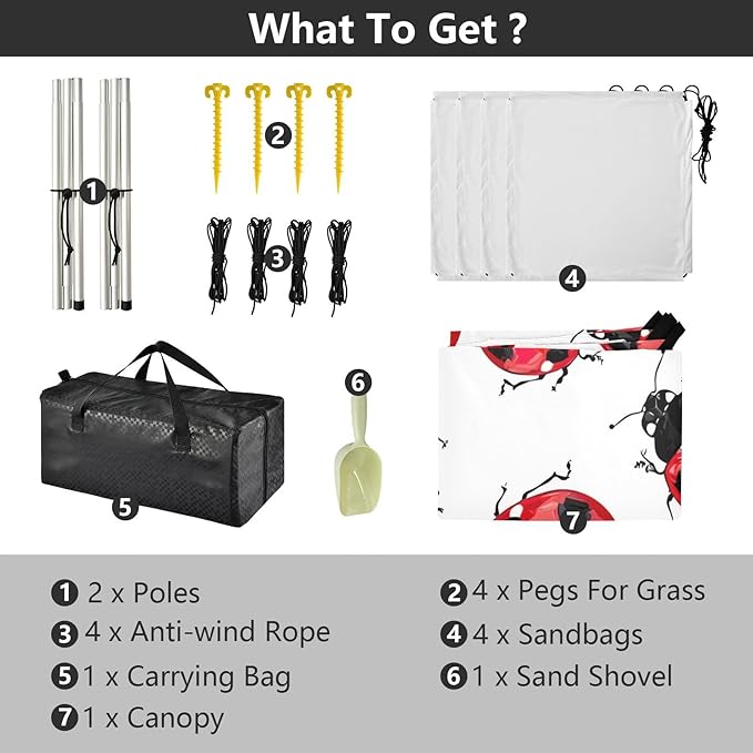Lady Bug Pattern Beach Tent Sun Shelter 9.2' x 10.5' Beach Canopy with 4 Sandbags 4 Stability Poles Sand Shovels - Tent Canopy for Beach Camping Fishing Picnics