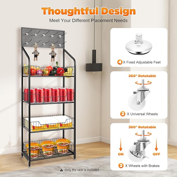 4-Tier Display Rack with Universal Wheels – Retail Display Shelves for Snacks Fruits Vegetables Towels &amp Toys – Mobile Stand Cart for Kitchens Supermarkets and Laundry Rooms