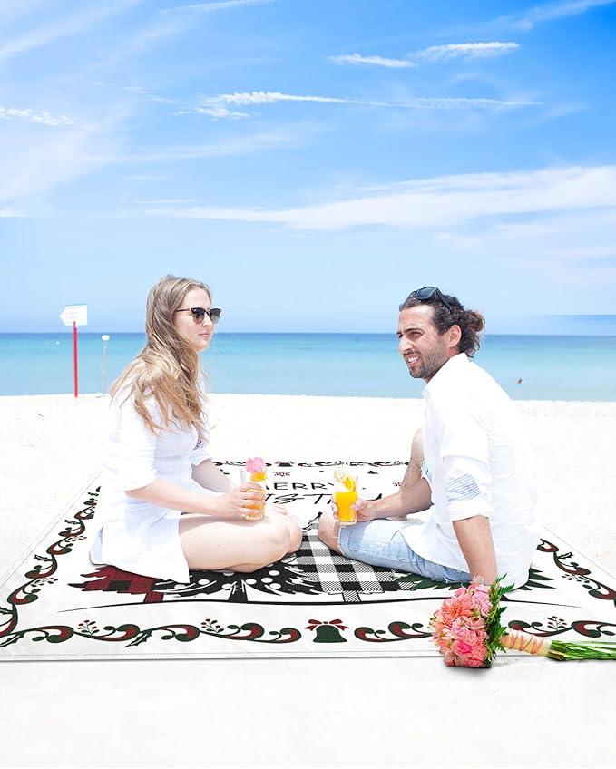 Beach Blanket Waterproof Sandproof OversizedMerry Christmas Xmas Tree Beach Mat with Corner Stakes Sand PocketsWinter Snowflakes Holly Berries on White Outdoor Picnic Mat for Travel 95x80In
