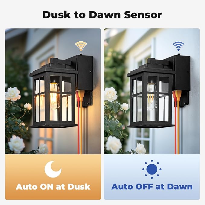 Porch Light with GFCI Outlet Black Dusk to Dawn Outdoor Lighting Waterproof Exterior Lighting Fixtures Outdoor Light with Outlet for House Garage Backyard Easy Installation Waterproof