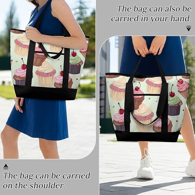 Insulated Shopping BagLarge Reusable Cooler Bags Cupcake Printed Foldable Shopping BagTravel Waterproof Shoulder Bag
