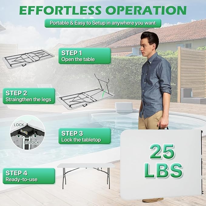 6ft Folding Table - Heavy Duty Portable 6 Foot Plastic Table with Fold-in-Half Design &amp Carry Handle Indoor Outdoor Utility Table for Dining Camping Parties Picnics Tailgating (6FT White)