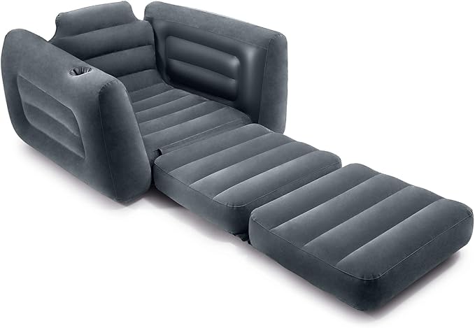 Intex 2 in 1 Inflatable Pull Out Sofa Chair and Twin Air Bed Mattress with Cup Holders for Indoor and Outdoor Use for Adults (3 Pack) Charcoal