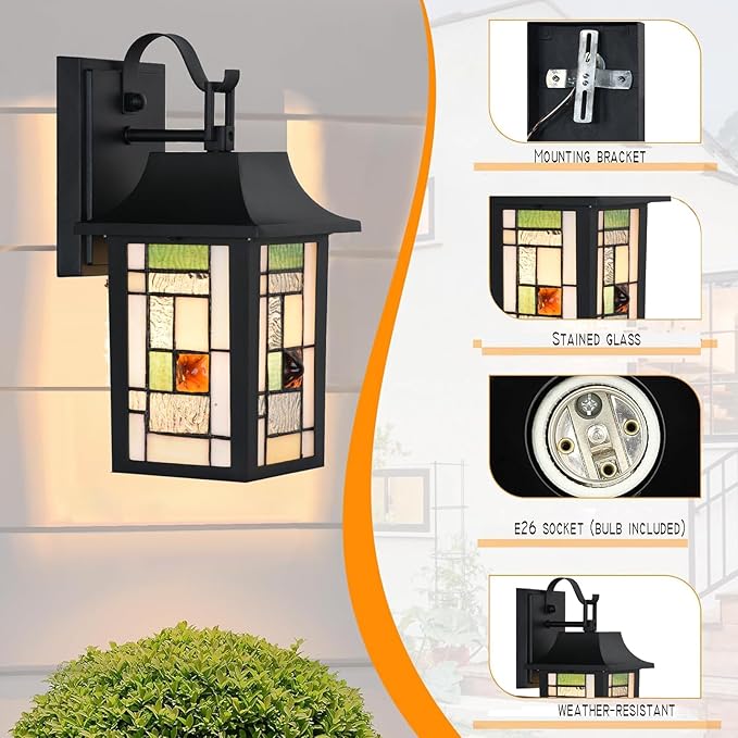 WL0010 Tiffany Style Outdoor Light Fixutres Stained Glass Wall Sconce Exterior Waterproof Wall Lantern Light for Balcony Aisle Hallway W 7X D 6 x H 12 Inches Bulb Included (Lumigrid)