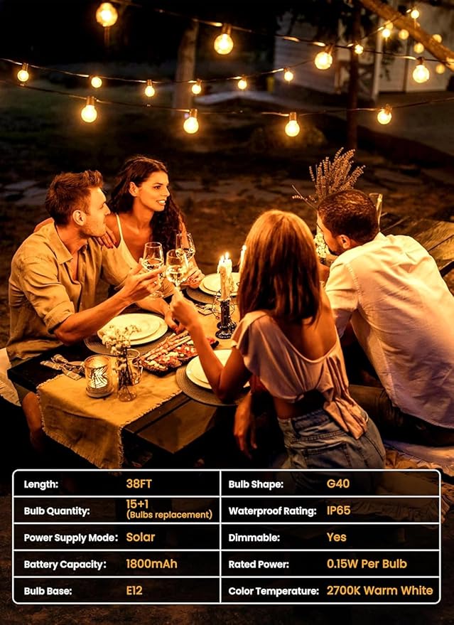 Brightown 38FT Solar String Lights Outdoor and 16 LED Shatterproof Bulbs Dimmable &amp Timable 3 Light Modes Solar Patio String Lights Outdoor for Cafe Garden Deck Outside Wedding No Remote Contr
