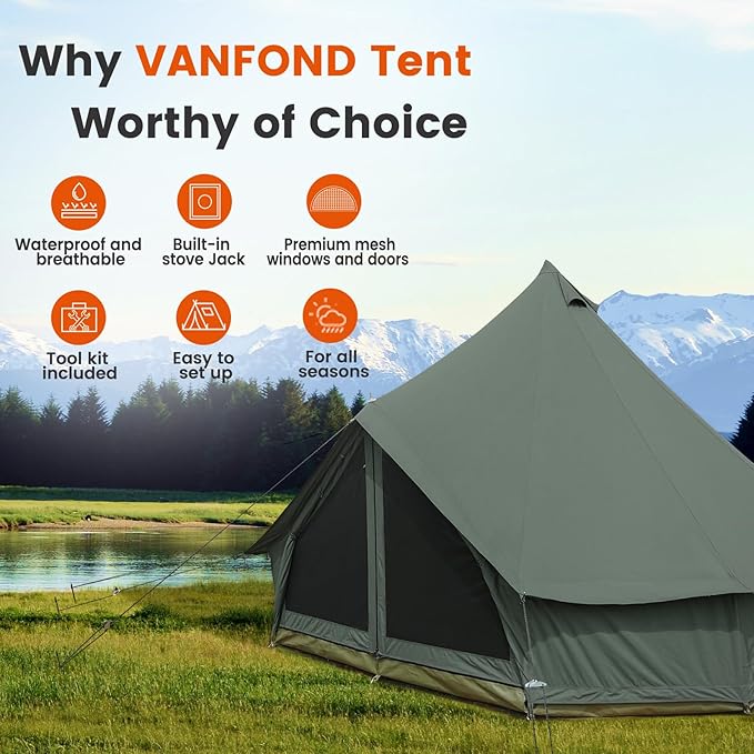 Canvas Bell Tent Yurt with Stove Jack Waterproof and Breathable Glamping Wall Tent Detachable Groundsheet for Camping Party