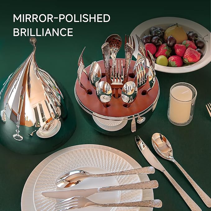 KINGSTONE Silverware Set with Waterdrop Storage Organizer 20-Piece Flatware Cutlery Set in Gift Box Forged Premium Stainless Steel Mirror Polished Service for 4 Ideal for Kitchen Party Gift
