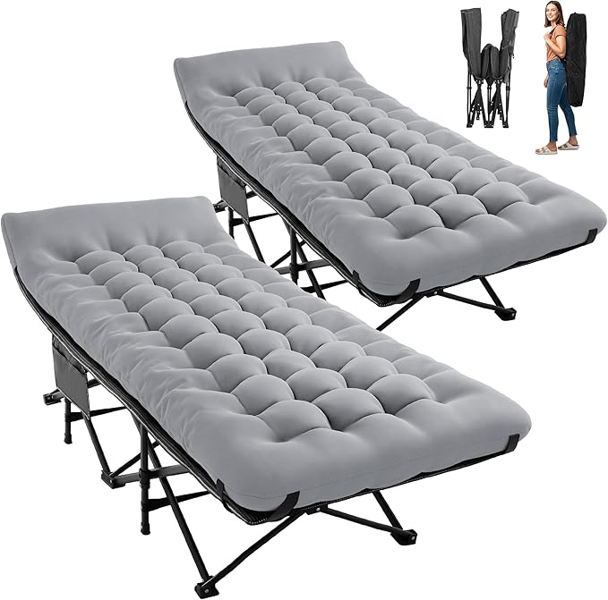 JEAREY 2-Piece Camping Cot for Sleeping 28 Extra Wide Heavy-Duty 1200D Oxford Foliding Cots for Adults Portable with Mattress Carry Bag for Guest Travel Hiking Light Gray