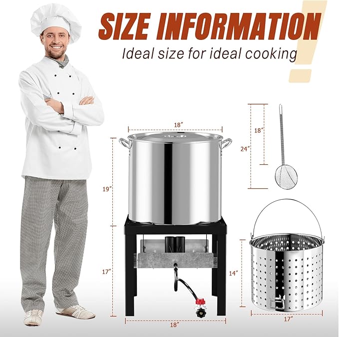 Stainless Steel 80QT Crawfish Boiler Kit Waterproof Cover &amp 18-inch Skimmer 110000BTU Propane Burner Stove 0-20PSIG Regulator Seafood Boil Pot Crab Boil Pot with 60QT Basket