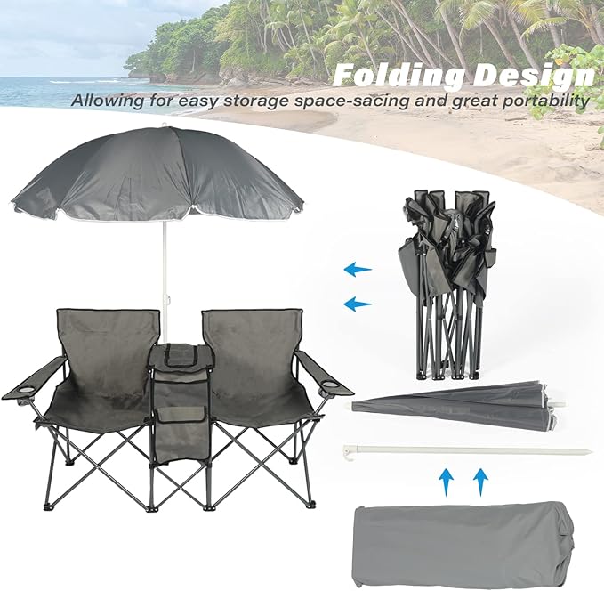 LAZZO Double Folding Camping Chairs Portable Picnic Camping Chairs w/Umbrella Mini Beverage Holder Carrying Cooler Bag Outdoor Picnic Double Folding loveseat Camp Chairs for Beach Patio Pool Park