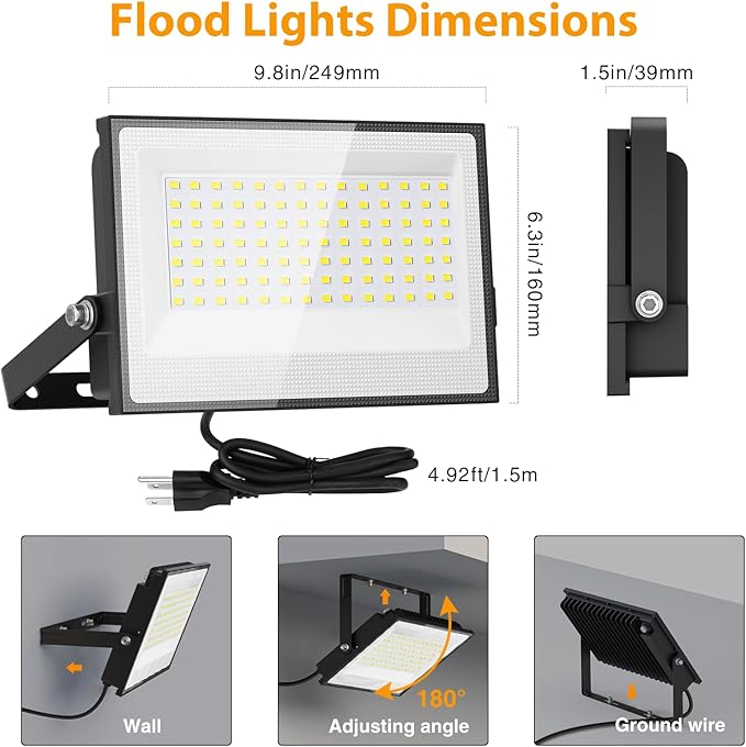 Onforu 120W Flood Lights Outdoor 12000lm Bright LED Work Light with Plug 6500K Daylight White LED Flood Lighting IP66 Waterproof Security Yard Lights for Yard Garage Stadium 4 Pack