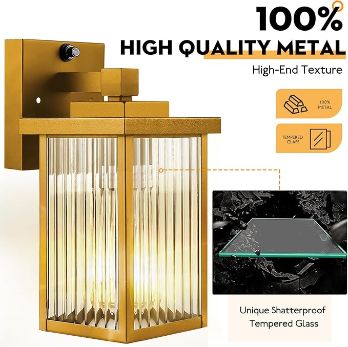 1 Pack Dusk to Dawn Outdoor Lighting Waterproof Outdoor Porch Light with Tempered Glass Outdoor Light Fixture for House Exterior Front Door Garage Patio (Gold Color)