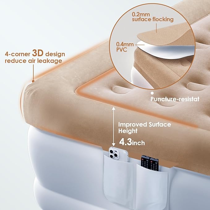 Air Mattress Queen with Built in Pump 18'' Luxury Inflatable Mattress 3 Min Fast Blow up Mattress with Dual-Chamber Comfort Top - Velvety Air Bed for Home Camping Travel Guests White + Khaki