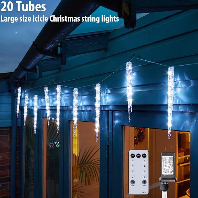 Cool White Christmas Icicle Lights - 20 Large Tubes Outdoor/Indoor Crystal Ice Hanging Lights 29FT 8 Mode with Timer Meteor Shower LED Light for Decoration